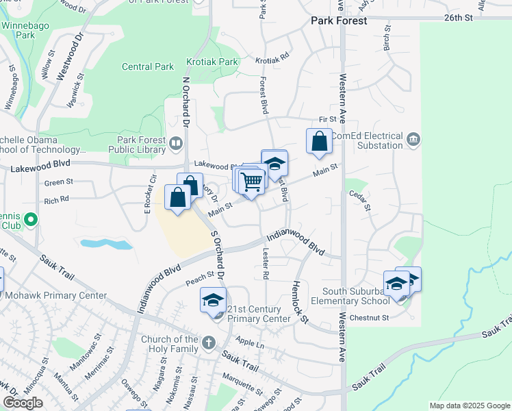 map of restaurants, bars, coffee shops, grocery stores, and more near 64 Lester Road in Park Forest