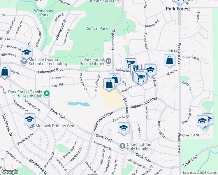 map of restaurants, bars, coffee shops, grocery stores, and more near 90 South Orchard Drive in Park Forest