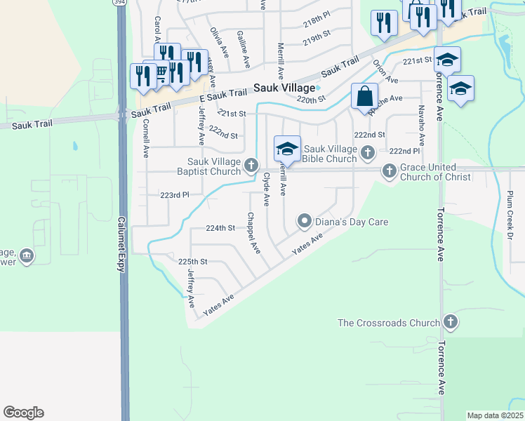 map of restaurants, bars, coffee shops, grocery stores, and more near 22402 Clyde Avenue in Sauk Village