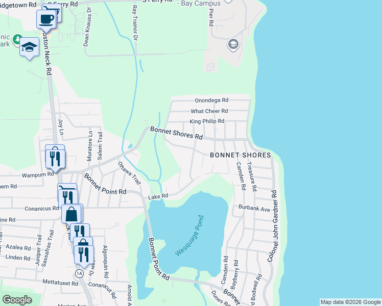 map of restaurants, bars, coffee shops, grocery stores, and more near 25 Maywood Road in Narragansett