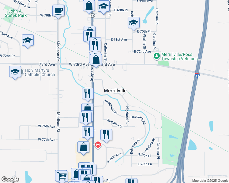 map of restaurants, bars, coffee shops, grocery stores, and more near 25 Indian Trail in Merrillville