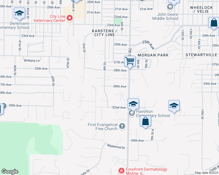 map of restaurants, bars, coffee shops, grocery stores, and more near 420 30th Avenue in Moline