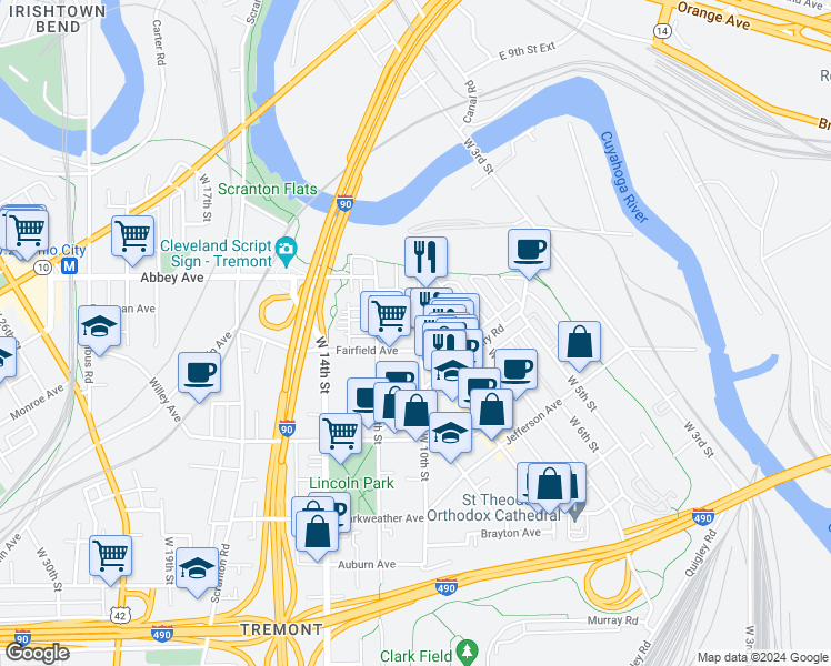 map of restaurants, bars, coffee shops, grocery stores, and more near 2132 West 10th Street in Cleveland