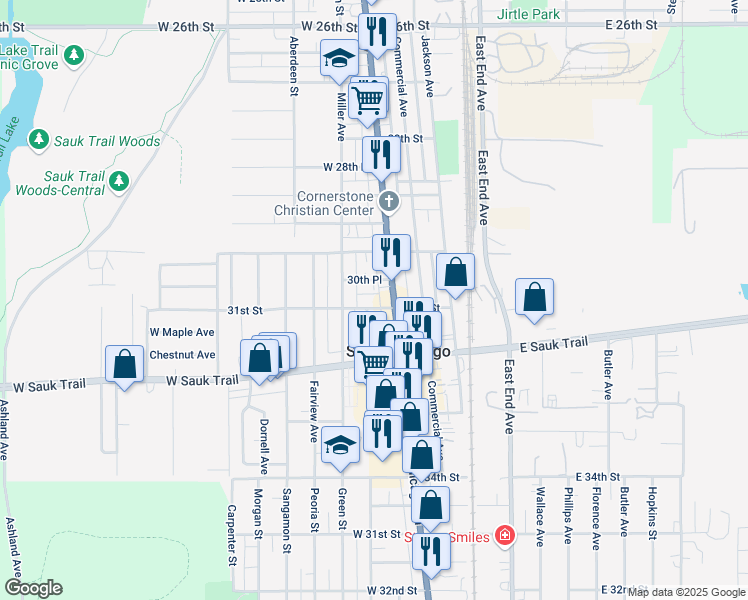 map of restaurants, bars, coffee shops, grocery stores, and more near 85 West 31st Street in South Chicago Heights