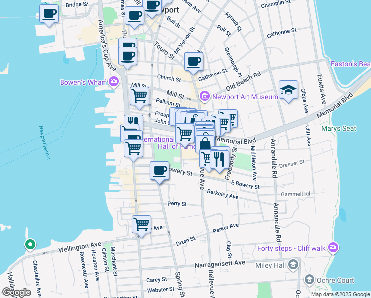 map of restaurants, bars, coffee shops, grocery stores, and more near 181 Bellevue Avenue in Newport