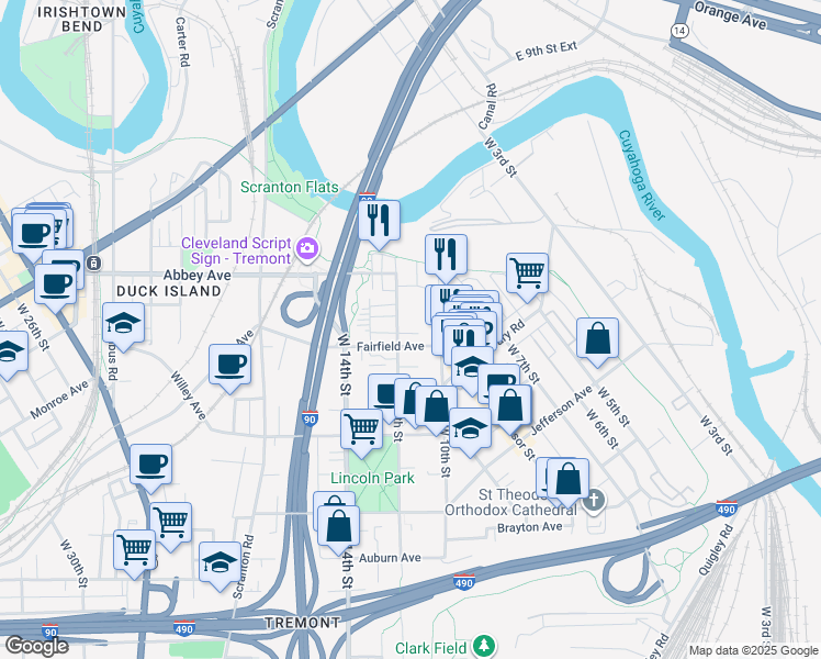 map of restaurants, bars, coffee shops, grocery stores, and more near 2151 West 11th Street in Cleveland