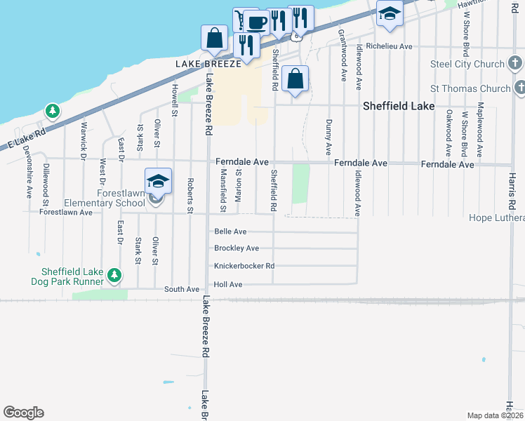 map of restaurants, bars, coffee shops, grocery stores, and more near 877 Community Road in Sheffield Lake