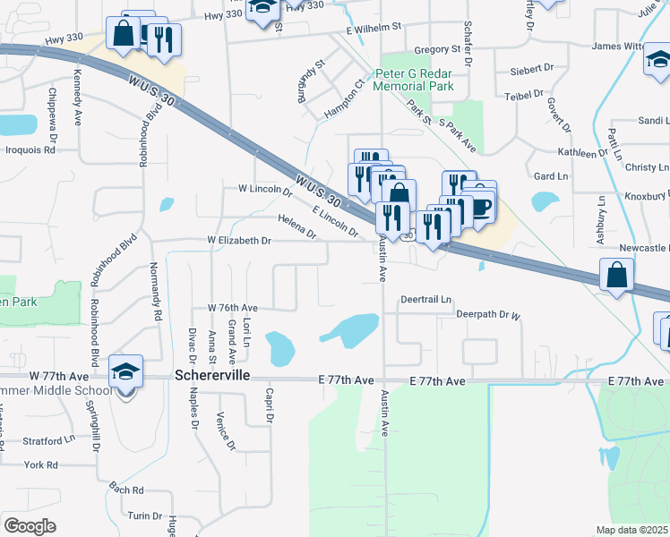 map of restaurants, bars, coffee shops, grocery stores, and more near 2298 Sheila Drive in Schererville