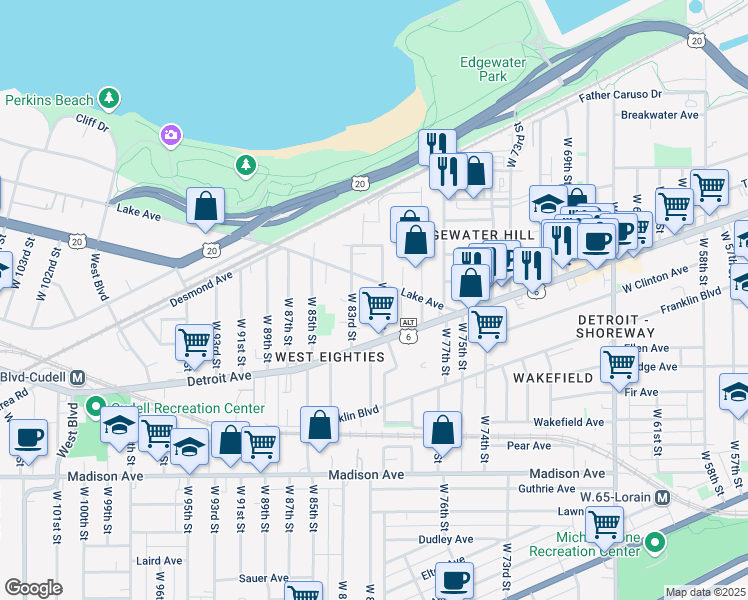 map of restaurants, bars, coffee shops, grocery stores, and more near 1343 West 83rd Street in Cleveland