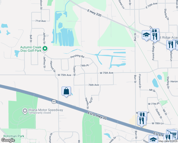 map of restaurants, bars, coffee shops, grocery stores, and more near 6230 W 75th Ave in Schererville