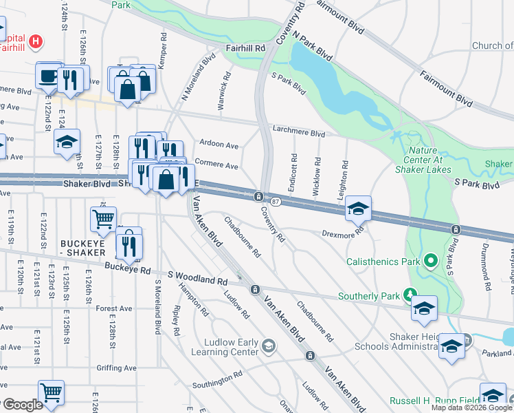 map of restaurants, bars, coffee shops, grocery stores, and more near 14014 Shaker Boulevard in Shaker Heights