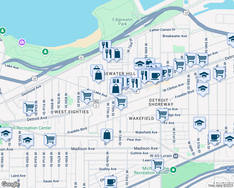 map of restaurants, bars, coffee shops, grocery stores, and more near 7427 U.S. 6 Alternate in Cleveland