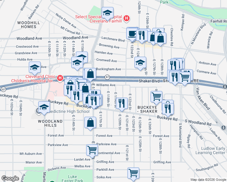 map of restaurants, bars, coffee shops, grocery stores, and more near 2798 East 119th Street in Cleveland