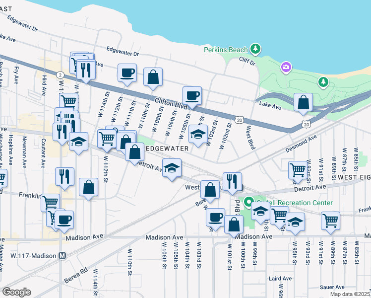 map of restaurants, bars, coffee shops, grocery stores, and more near 1340 West 104th Street in Cleveland