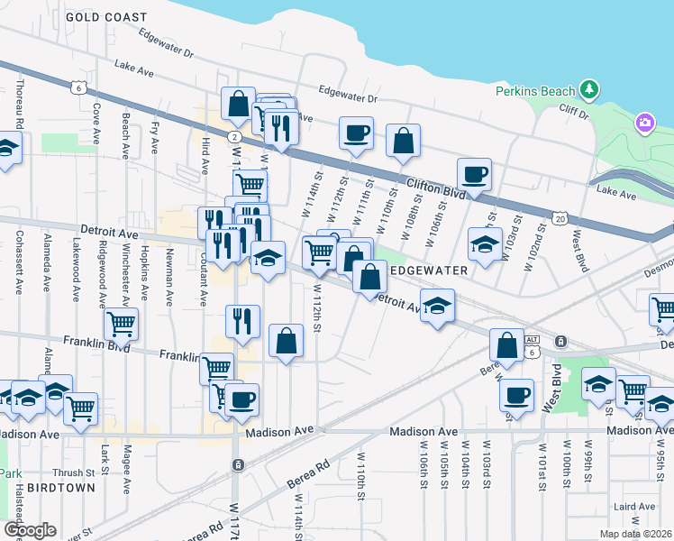 map of restaurants, bars, coffee shops, grocery stores, and more near in Cleveland