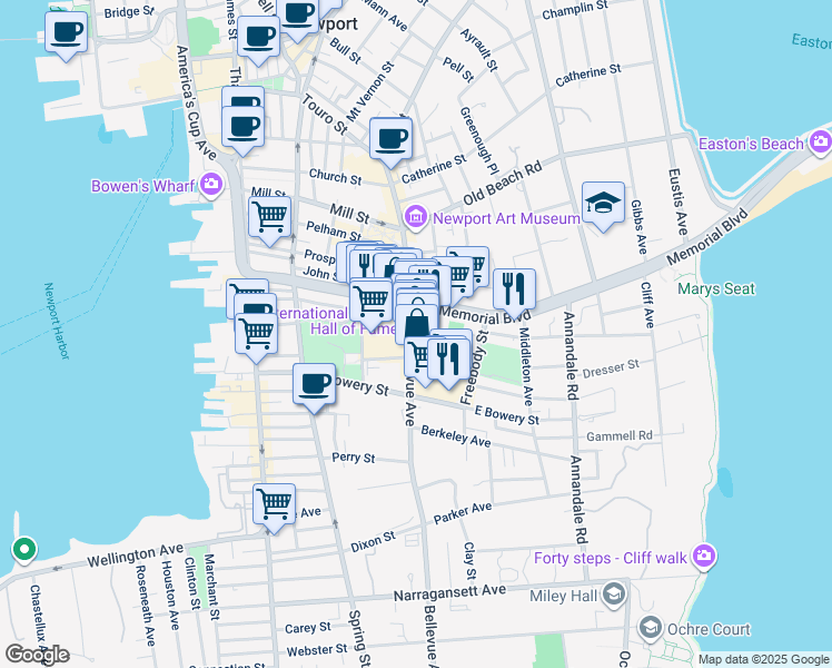 map of restaurants, bars, coffee shops, grocery stores, and more near 194 Bellevue Avenue in Newport
