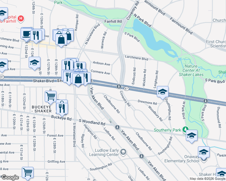 map of restaurants, bars, coffee shops, grocery stores, and more near 13901 Drexmore Road in Cleveland