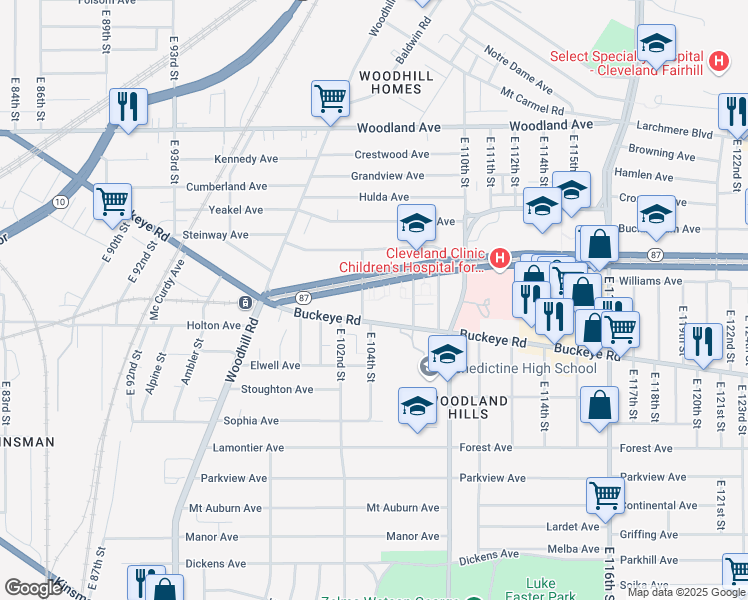 map of restaurants, bars, coffee shops, grocery stores, and more near 2813 East 103rd Street in Cleveland