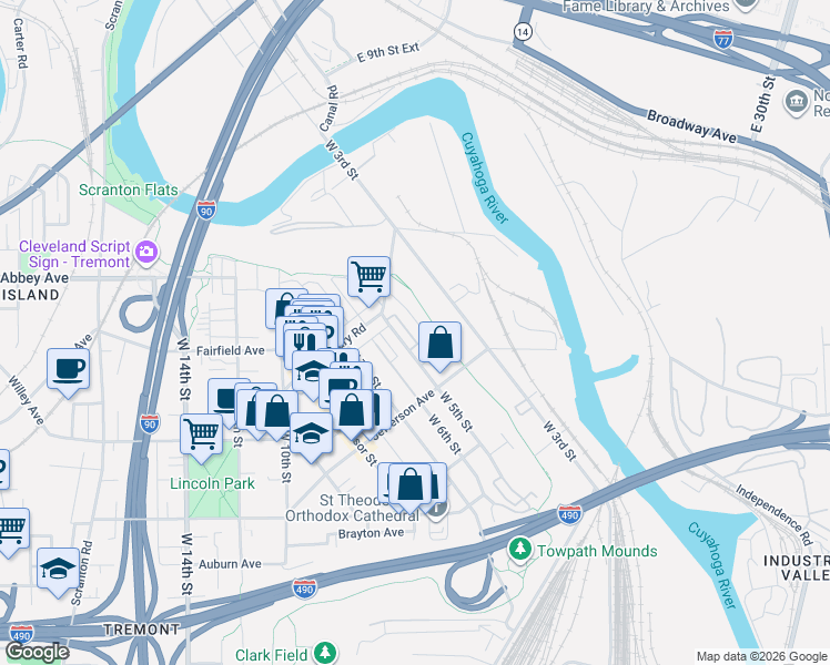 map of restaurants, bars, coffee shops, grocery stores, and more near 2291 City View Drive in Cleveland