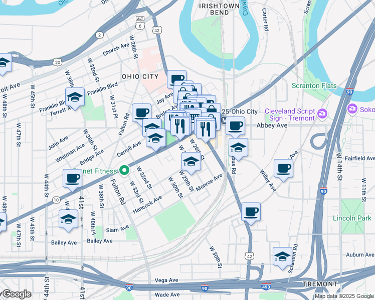 map of restaurants, bars, coffee shops, grocery stores, and more near 2049 West 28th Street in Cleveland