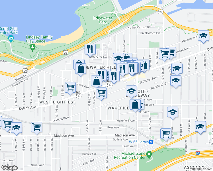 map of restaurants, bars, coffee shops, grocery stores, and more near 7311 Detroit Avenue in Cleveland