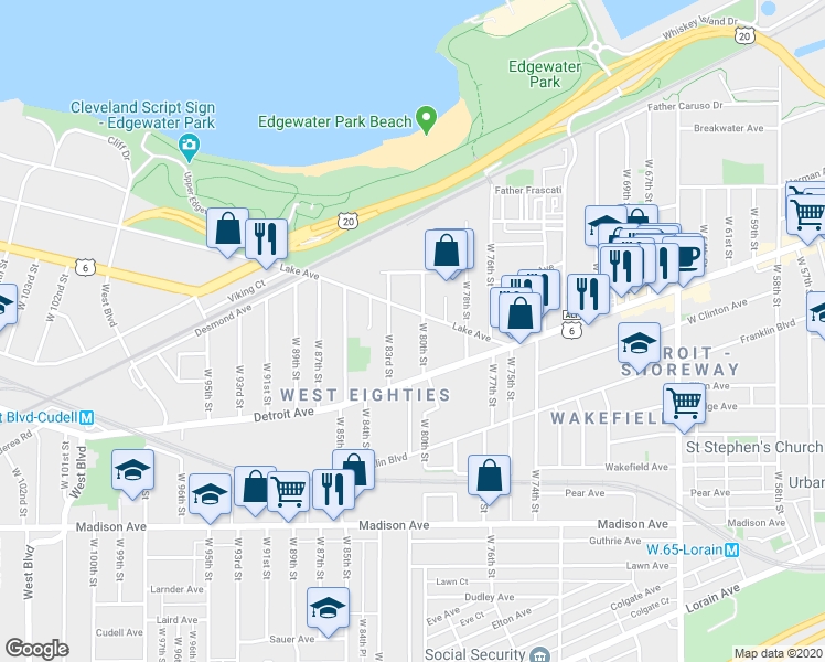 map of restaurants, bars, coffee shops, grocery stores, and more near 1343 West 83rd Street in Cleveland