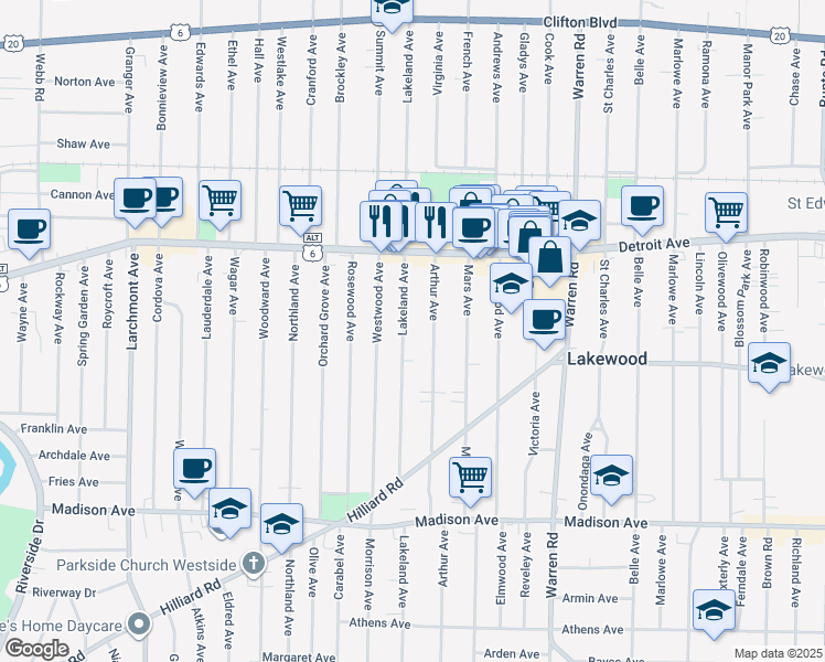 map of restaurants, bars, coffee shops, grocery stores, and more near 1490 Arthur Avenue in Lakewood