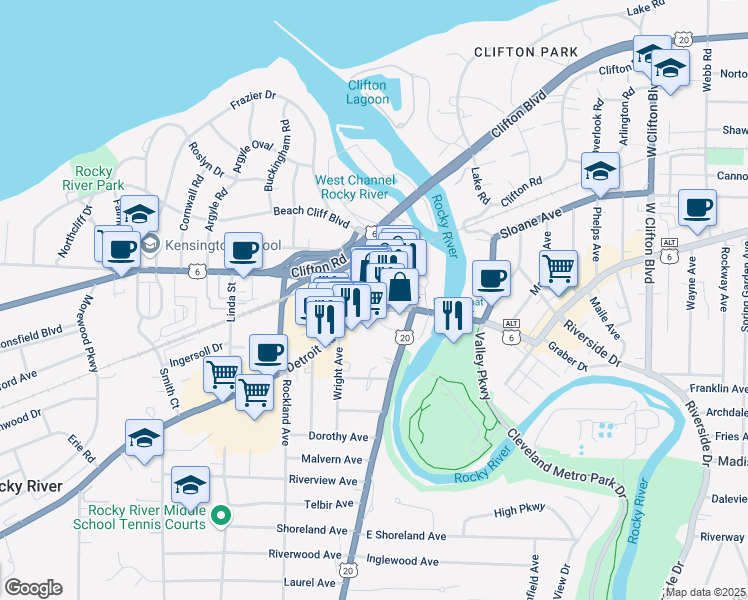 map of restaurants, bars, coffee shops, grocery stores, and more near 19113 Detroit Road in Rocky River