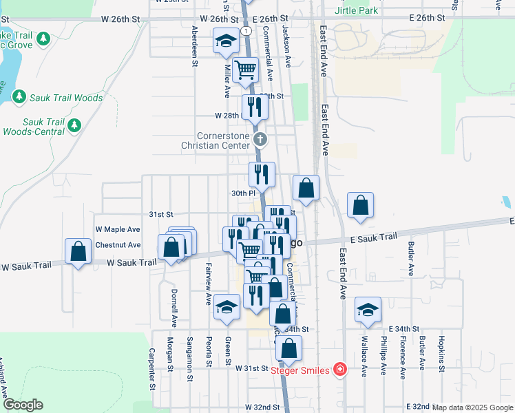 map of restaurants, bars, coffee shops, grocery stores, and more near 85 West 31st Street in South Chicago Heights