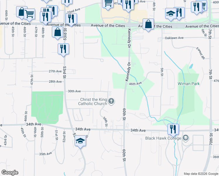 map of restaurants, bars, coffee shops, grocery stores, and more near 2926 56 Street Court in Moline
