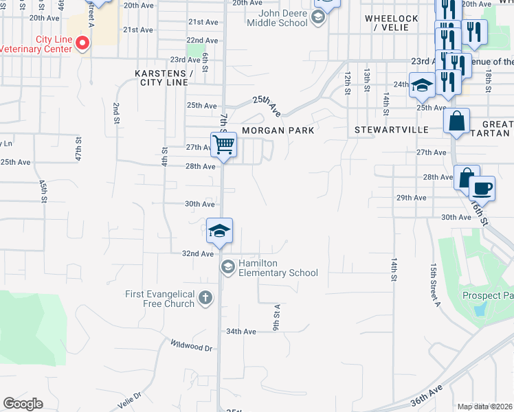 map of restaurants, bars, coffee shops, grocery stores, and more near 2925 9th Street in Moline