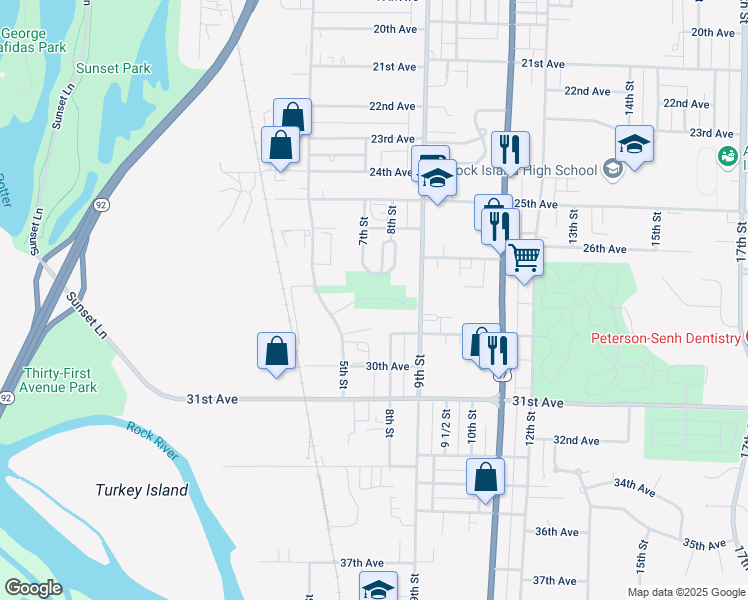 map of restaurants, bars, coffee shops, grocery stores, and more near Cascade Garden Drive in Rock Island
