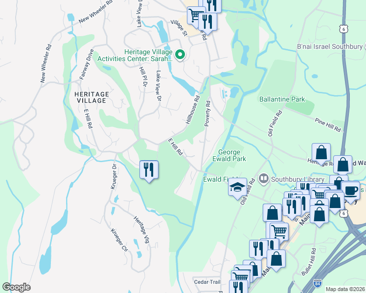 map of restaurants, bars, coffee shops, grocery stores, and more near 536 East Hill Road in Southbury