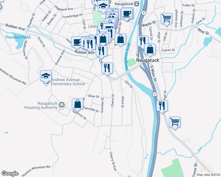 map of restaurants, bars, coffee shops, grocery stores, and more near 167 Cherry Street in Naugatuck