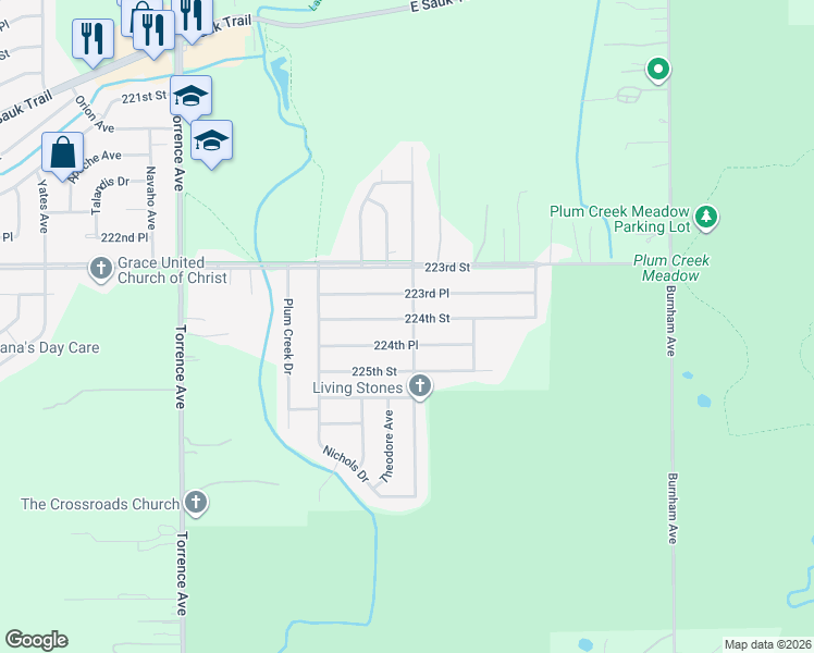 map of restaurants, bars, coffee shops, grocery stores, and more near 22406 Brookwood Drive in Sauk Village