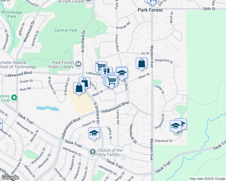 map of restaurants, bars, coffee shops, grocery stores, and more near 64 Lester Road in Park Forest