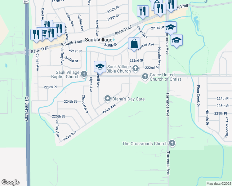 map of restaurants, bars, coffee shops, grocery stores, and more near 22348 Strassburg Avenue in Sauk Village