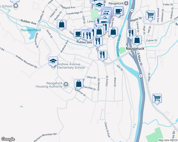 map of restaurants, bars, coffee shops, grocery stores, and more near 56 Lewis Street in Naugatuck