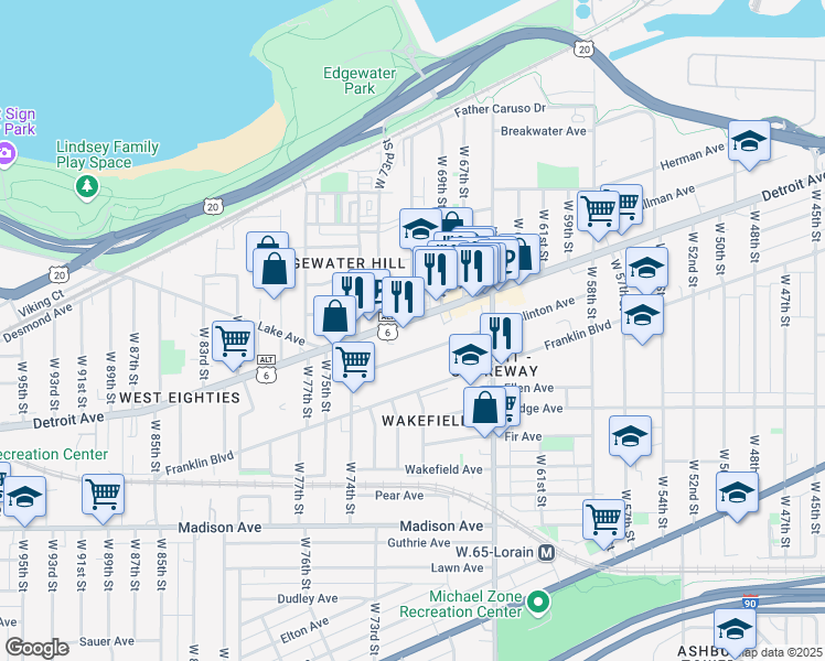 map of restaurants, bars, coffee shops, grocery stores, and more near 7001 Detroit Avenue in Cleveland