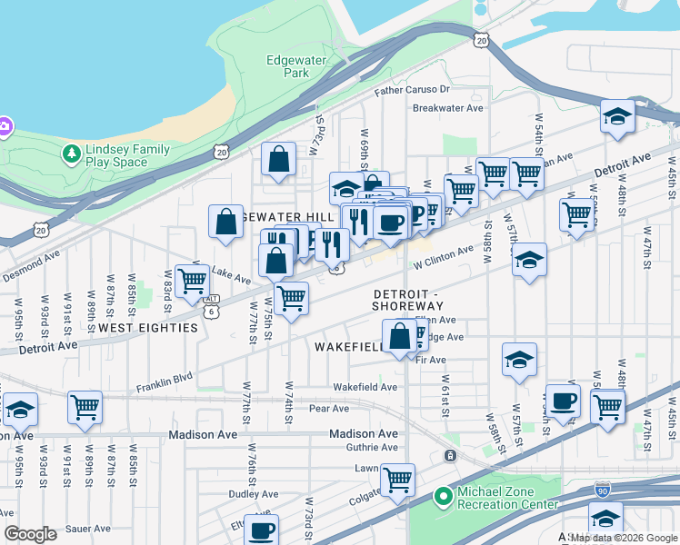 map of restaurants, bars, coffee shops, grocery stores, and more near 7001 Detroit Avenue in Cleveland
