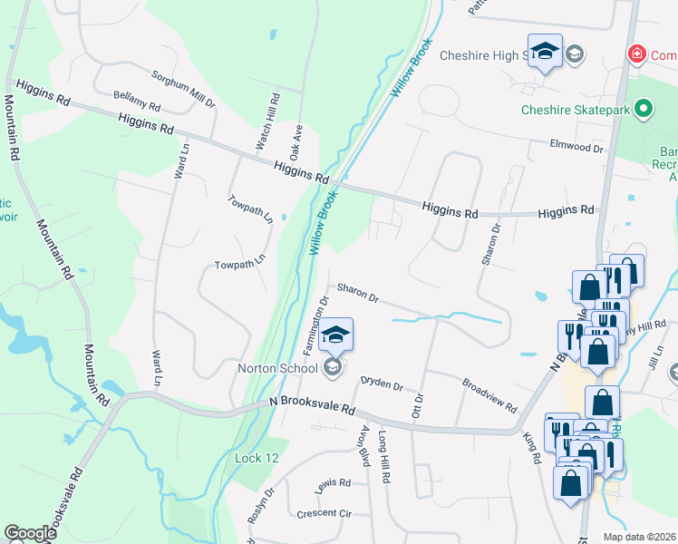 map of restaurants, bars, coffee shops, grocery stores, and more near 512 Sharon Drive in Cheshire