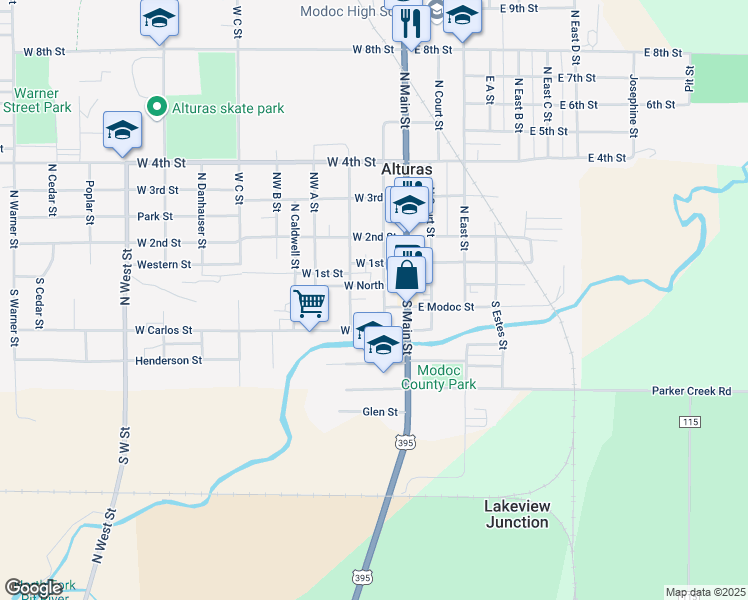 map of restaurants, bars, coffee shops, grocery stores, and more near 302 S Rine St in Alturas