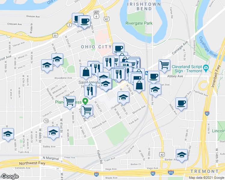 map of restaurants, bars, coffee shops, grocery stores, and more near 1821 West 29th Street in Cleveland