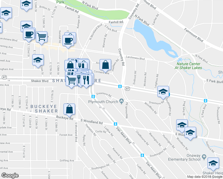 map of restaurants, bars, coffee shops, grocery stores, and more near 13901 Drexmore Road in Cleveland