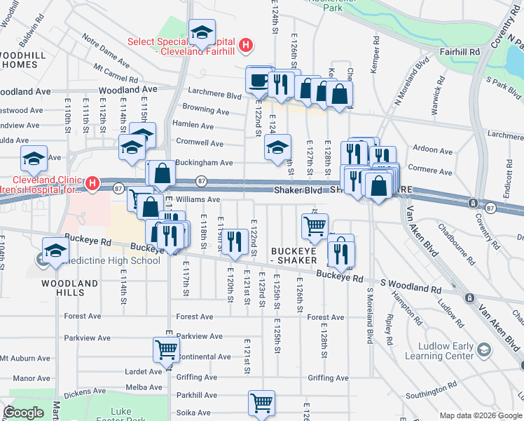 map of restaurants, bars, coffee shops, grocery stores, and more near 2784 East 124th Street in Cleveland