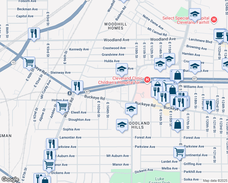 map of restaurants, bars, coffee shops, grocery stores, and more near 10427 Buckeye Road in Cleveland