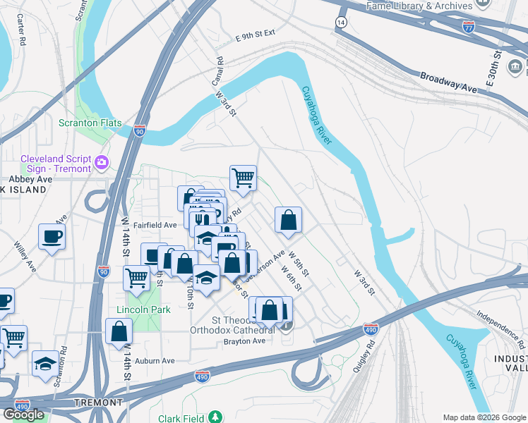 map of restaurants, bars, coffee shops, grocery stores, and more near 2291 City View Drive in Cleveland