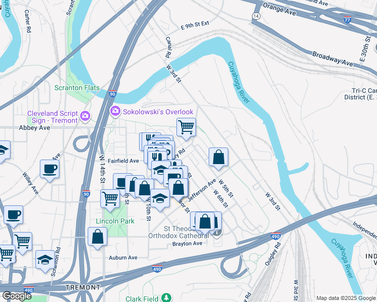 map of restaurants, bars, coffee shops, grocery stores, and more near 2277 West 6th Street in Cleveland