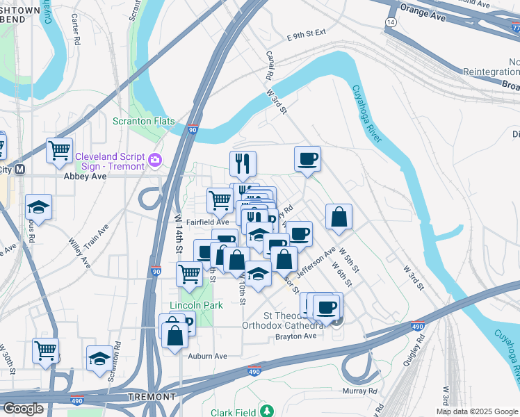 map of restaurants, bars, coffee shops, grocery stores, and more near 2176 Thurman Avenue in Cleveland