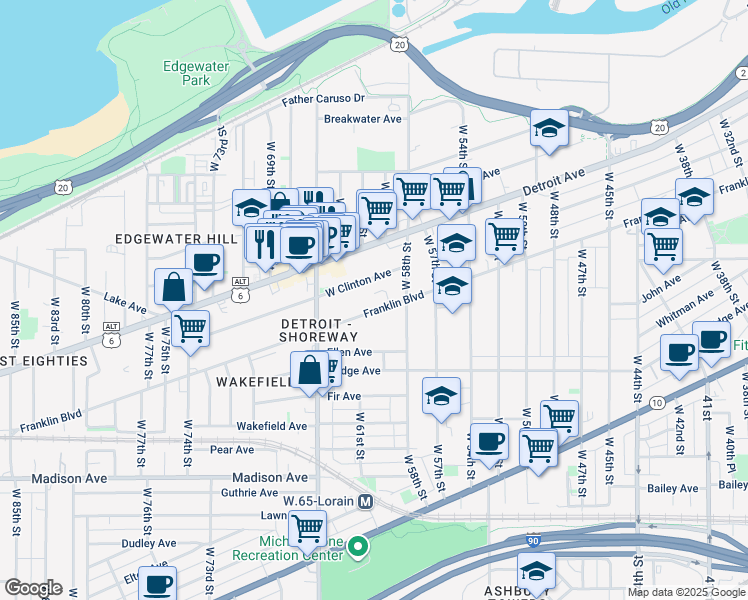 map of restaurants, bars, coffee shops, grocery stores, and more near 6010 Franklin Boulevard in Cleveland